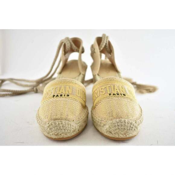 Christian Dior Granville 62K Gold Logo Lace Up Tie Espadrille Mule Heel Wedge 40 - Picture 6 of 11